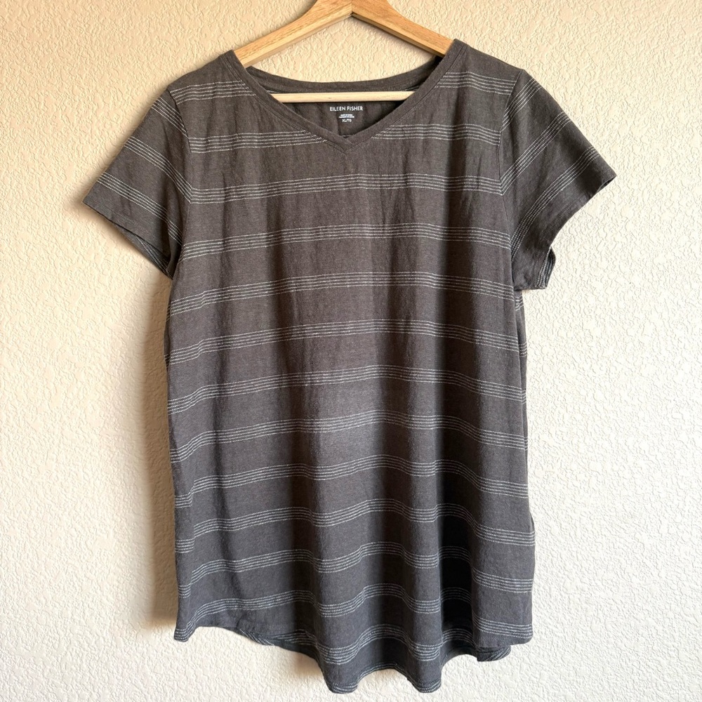 Eileen Fisher Charcoal Brown Striped Short Sleeve Tee Organic Cotton Sz XL Relax